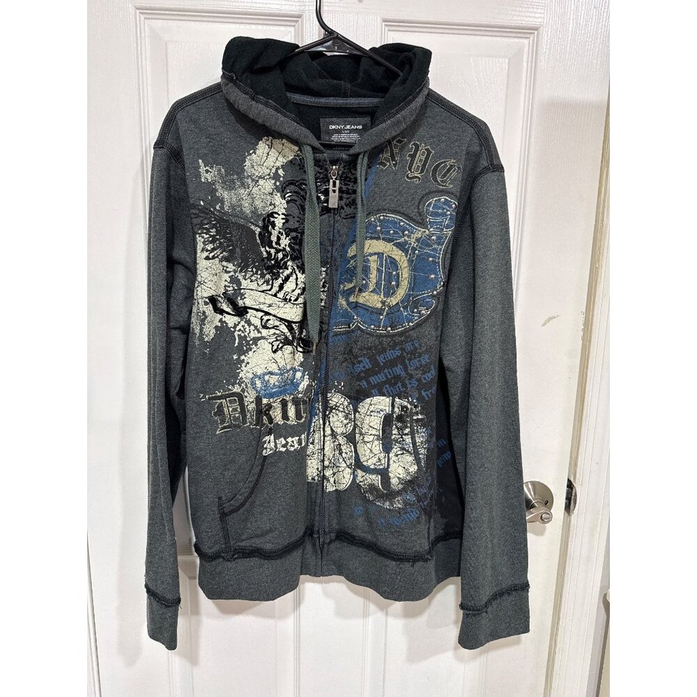 This is a DKNY Jeans graphic full-zip hoodie Size L